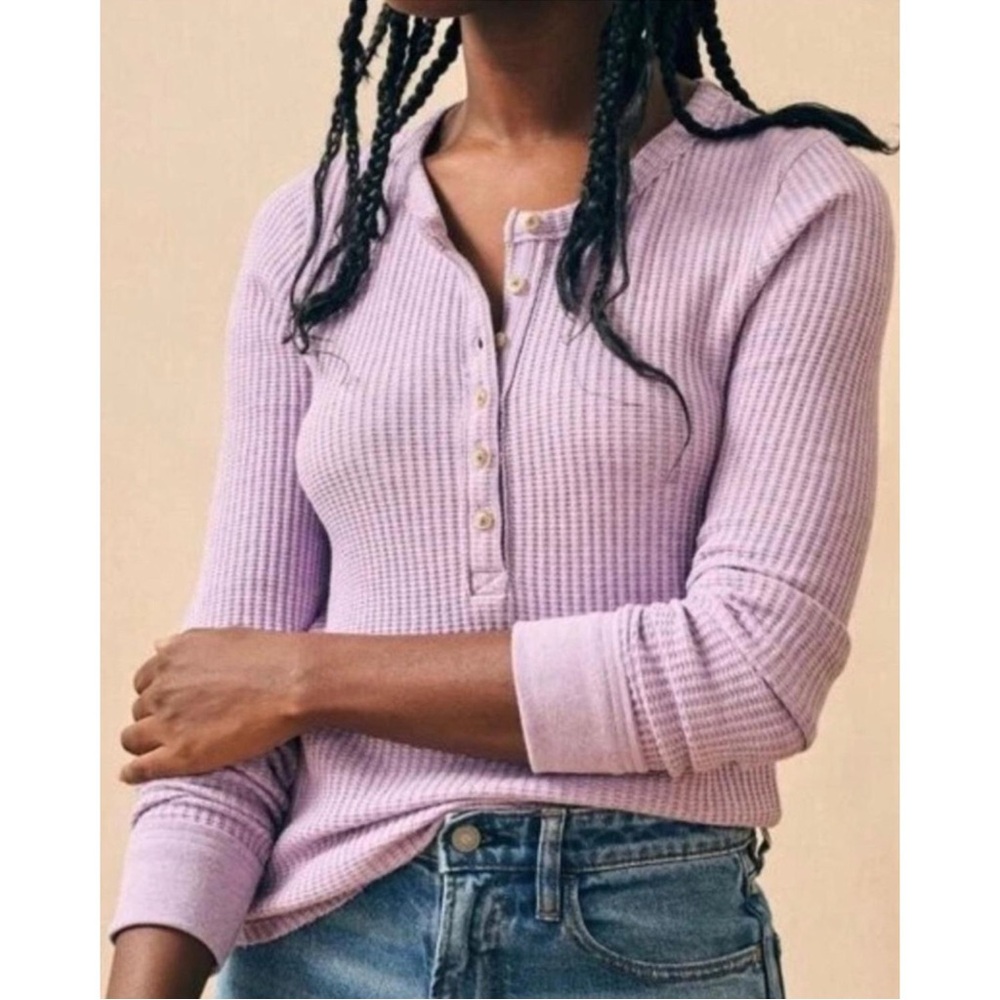 Faherty Legend Apres Lavender Pima Cotton Long Sleeve Waffle Henley Top Small
